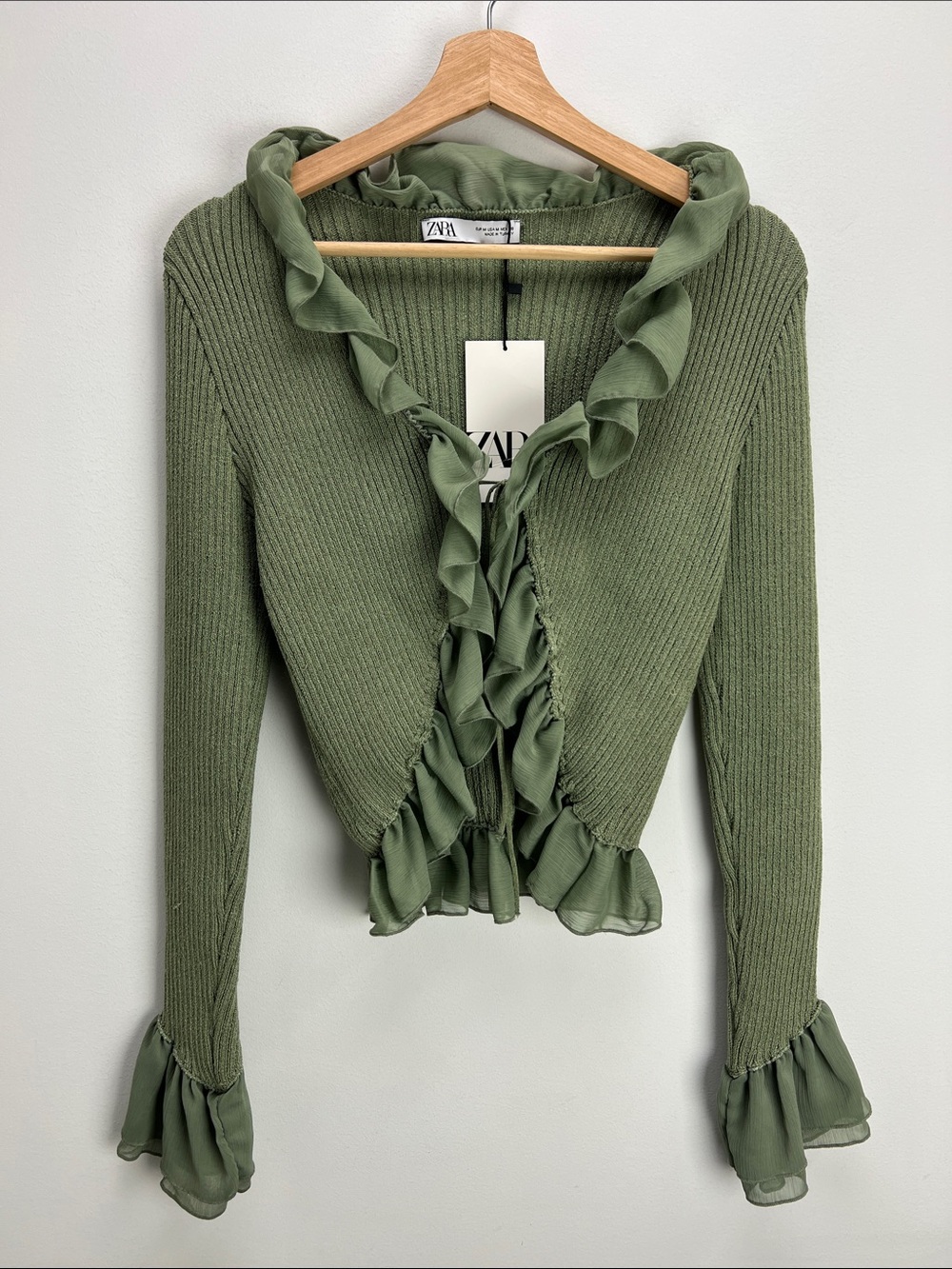 Zara Ruffle Front Top Green Ribbed Tie Front Womens Medium Y2K New